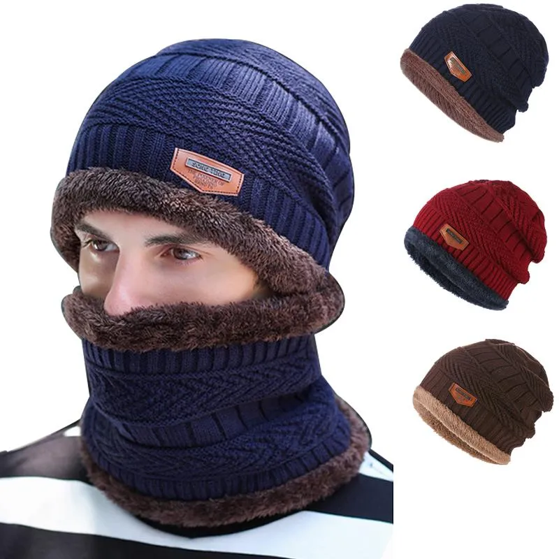 Bérets 2pcs chapeau et écharpe combinaison hivernale de baseball en tricot masculin plus en velours rembourré en velours