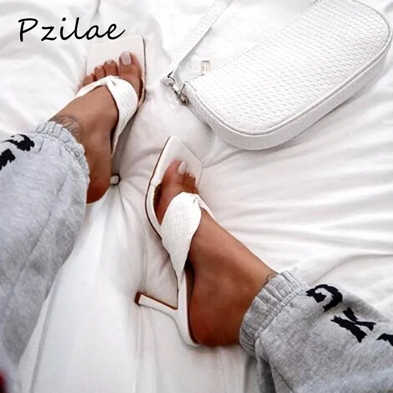 Pzilae New women summer slippers flip flops fashion braided square toe laies heel mules sexy thin high heels women slippers 210402