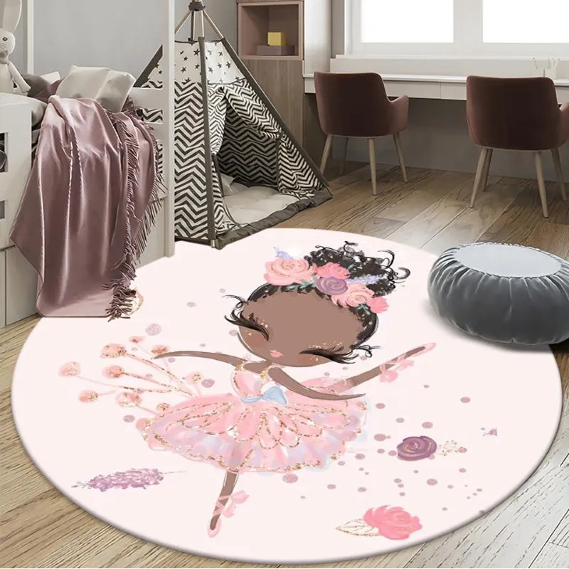 Carpets Children's Play Mat Ballet Girl Bedroom Rug Cute Cartoon White Playroom Round Area Non-slip Decorative RugCarpets