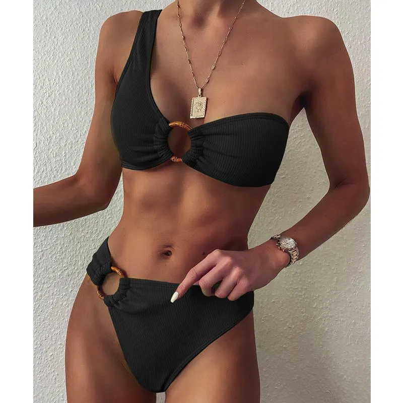 Women's Swimwear One Shoulder Bikini Set 2 Piece Women's Swimsuit High Waist Sexy Rings Biquini Ribbed Bathing Suit Brazilian BikinisWom