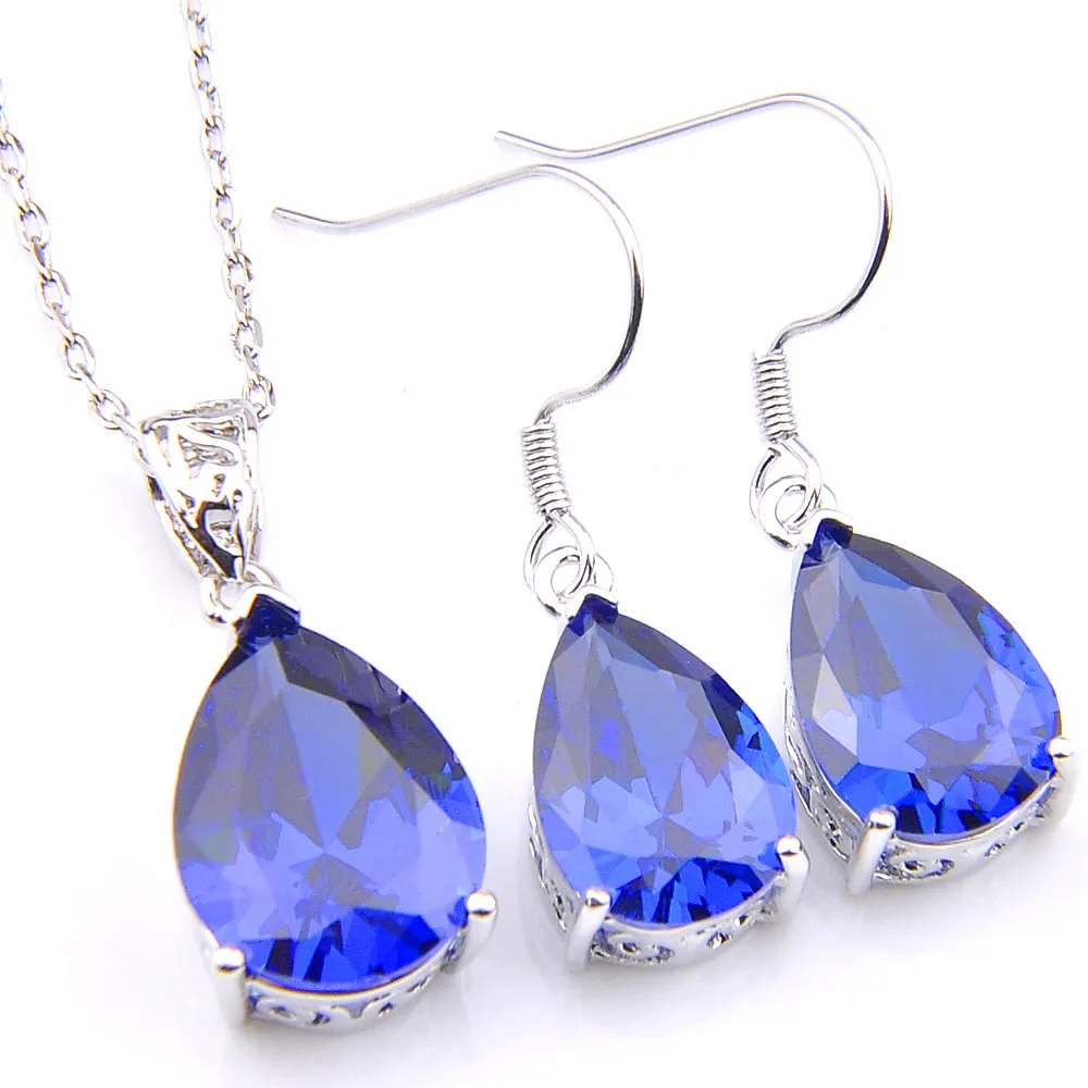 Luckyshine Fashion Bridal Jewelry Set Wholesale Elegant Teardrop Dark Blue Cubic Zirconia 925 Silver Vintage charms and pendants Earring Jewe