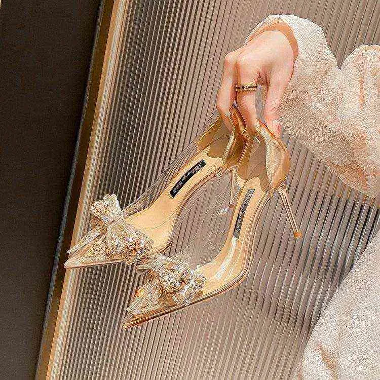 Luxury Fashion Champagne Rhinestone Bow PVC Transparent Women Pumps Autumn Stiletto High Heel Sex Bride Party Wedding Dress Shoe G220527