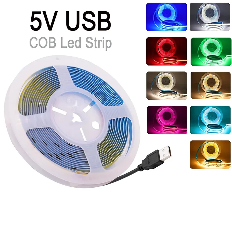 Flexibles COB-Streifen-LED-Band, 5 V, USB-betrieben, 320 LED-Streifen, Lampe, dekoratives Licht, 3000 K, 4000 K, 6000 K, R/G/B/Y/P