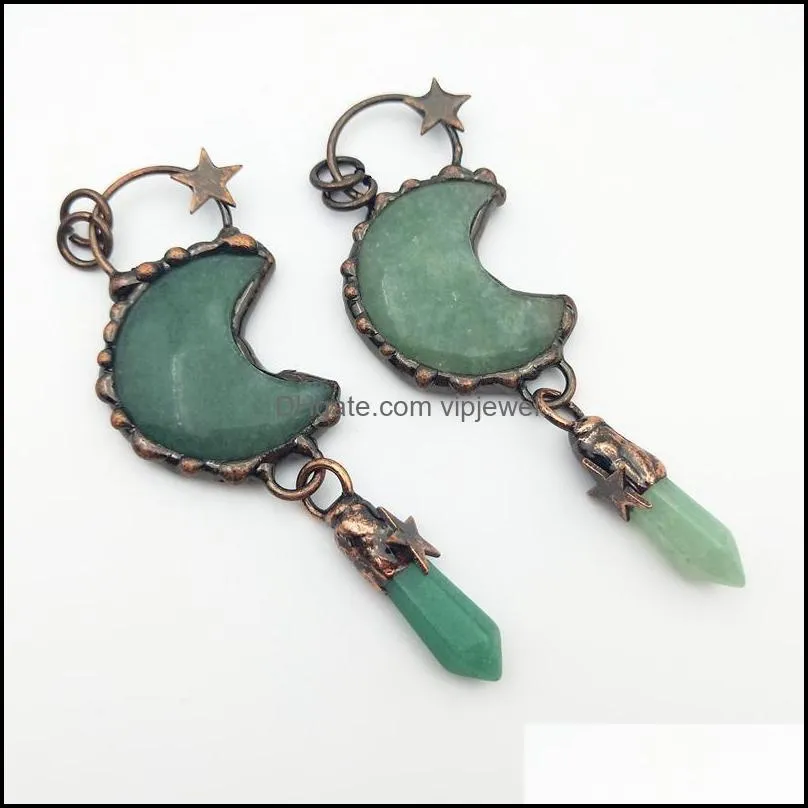 pendant necklaces bronze soldered moon shape natural gemstone green adventurine amethyst rose quartz healing crystal woman jewelry