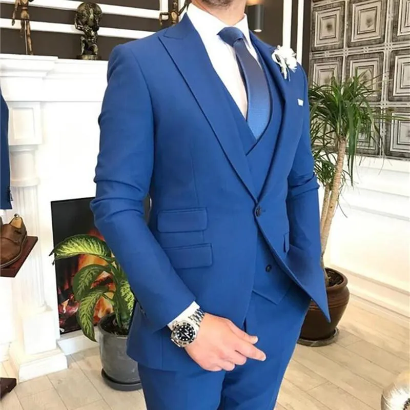 Kraliyet Mavi Çift Kelime Beased Yelek Kostümü Homme Erkekler Düğün Damat Giymek Balo Adamı Blazer İnce Fit 3 Parça Terno 220411
