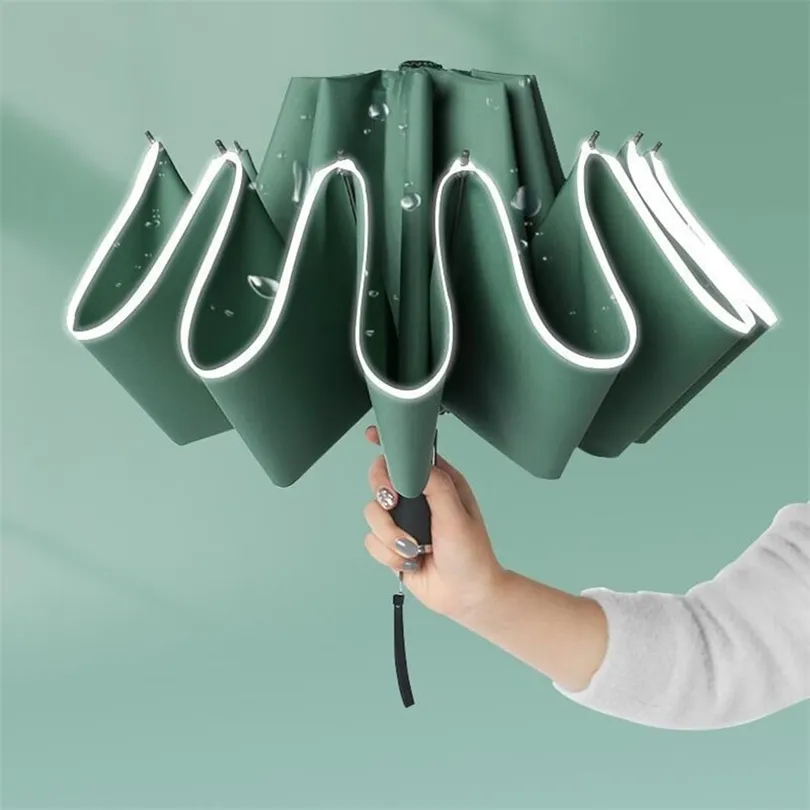 Automatisk paraply omvänd vikbar affärsparaply med reflekterande remsor paraplyer regn för män kvinnor vindtät man parasol 210401