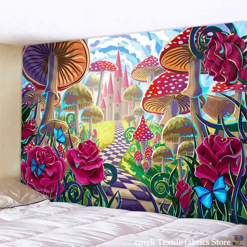 Magic Forest Carpet Wall Hanging Red Mushroom Decorative Rugs Art Home Decor Boho Hippie Tapestry J220804