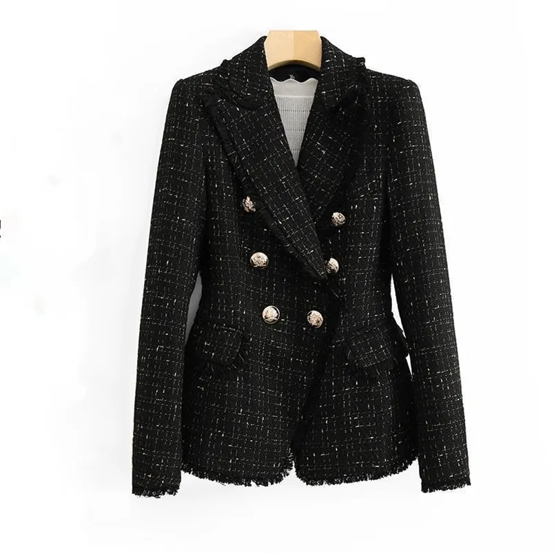 Temperamento senhoras jaqueta jaqueta tweed terno jaqueta duplo-peito de alta qualidade terno fino é fina e jaqueta mulheres 220402