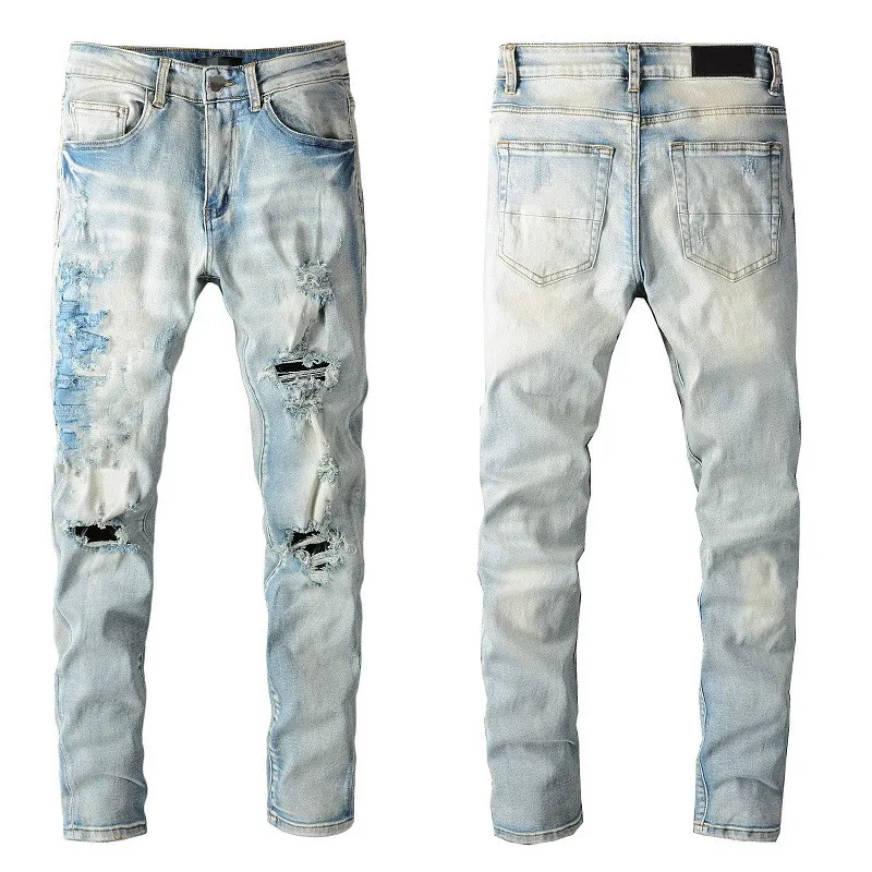 Man Skinny Passar Jeans Denim Knee Ripped With Hole Slim For Guys Mens Biker Moto Straight Leg Vintage Distress Damaged Stretch Pants Long Zipper High Quality Light Blue