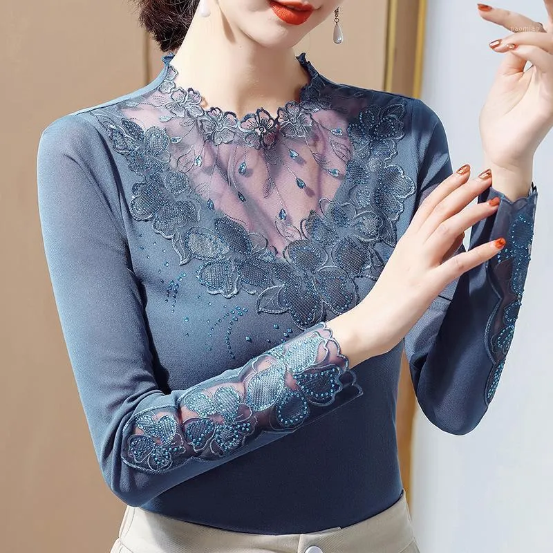 Red Lace Bottomed Shirt Women's Spring Thin Long Sleeve 2022 Mesh Patchwork Hollow Out Top Middle-Aged Mother T-Shirt