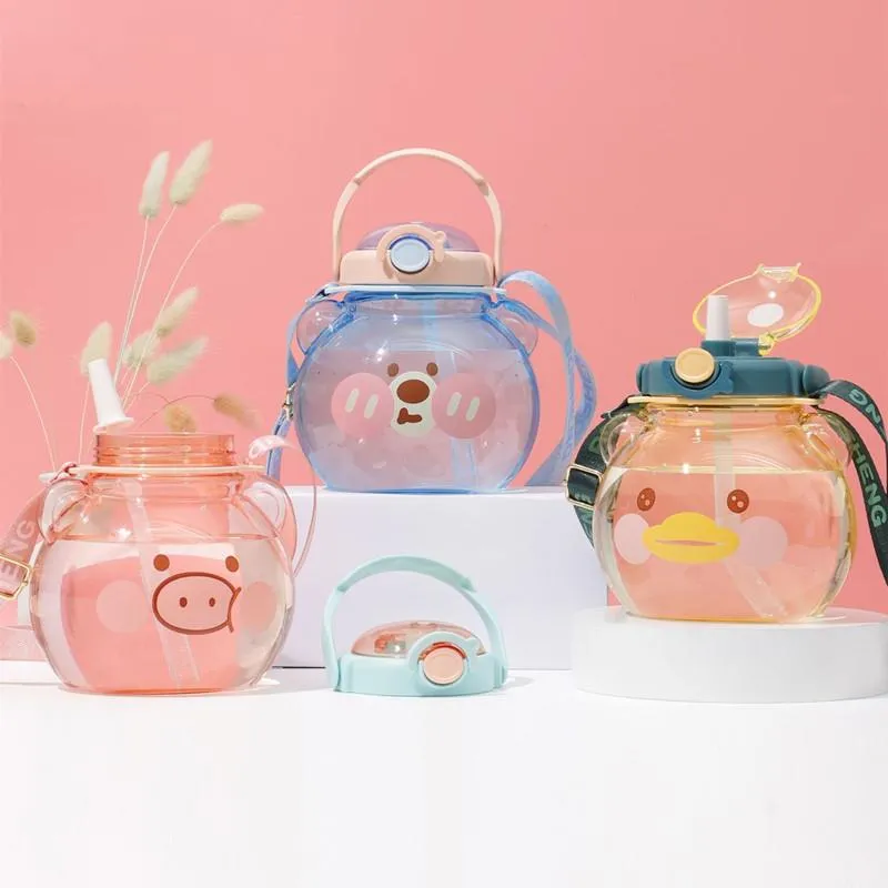 Bear head plastic Water Bottles cute big belly water cup high value portable oblique cross straw cups large capacity summer