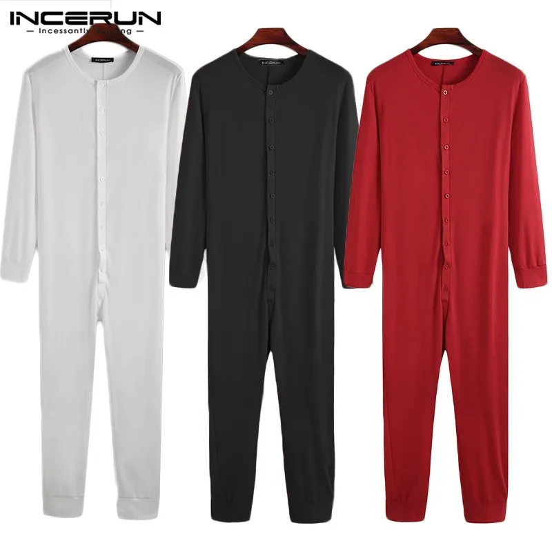 Мужской комбинезон Pajamas домашняя одежда сплошной цвет с длинным рукавом Удобные сонные одеяния Кнопка досуга мужчины Rompers Nightwear S-5XL Incerun W220331