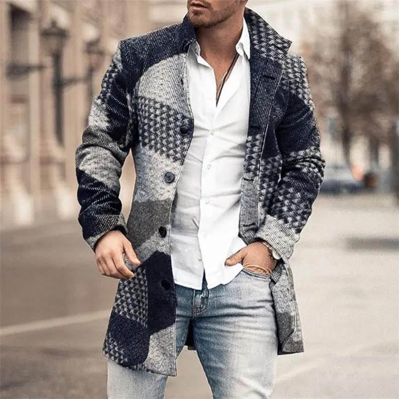 Männer Herbst Lange Mantel Geometrische Farbe Block Druck Taste Revers Mode Büro Winter Jacke 2020 Casual Wolle Mäntel Übergroßen Neue LJ201109