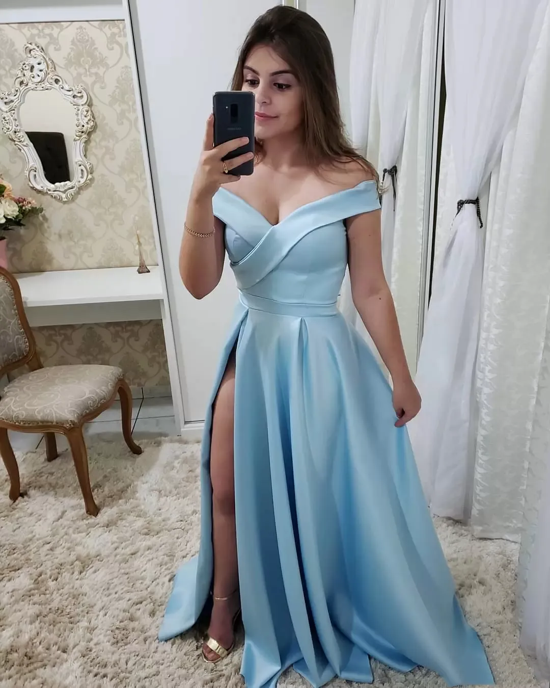 Elegant Baby Blue Satin A Line Prom Dresses Sexy Split Side Off The Shoulder Formal Party Gowns Simple Long Evening Dress For Women Girls Custom Made Color Size