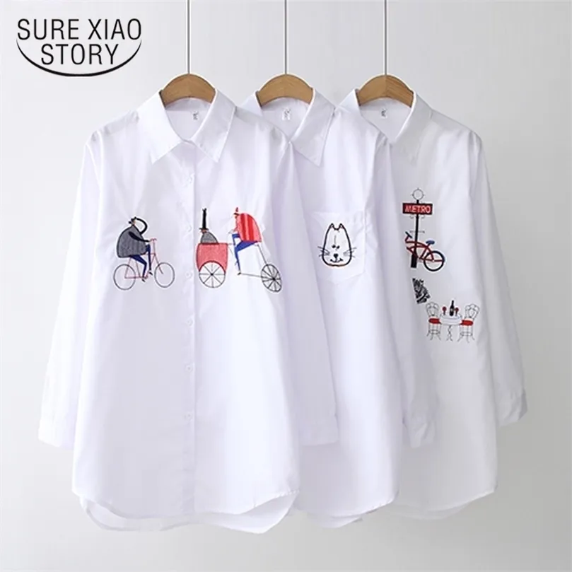 Spring Fashion White Women Shirt Casual Loose Cotton Embroidery Women Blouse Long Sleeve Turn Down Collar Lady Shirt 210308
