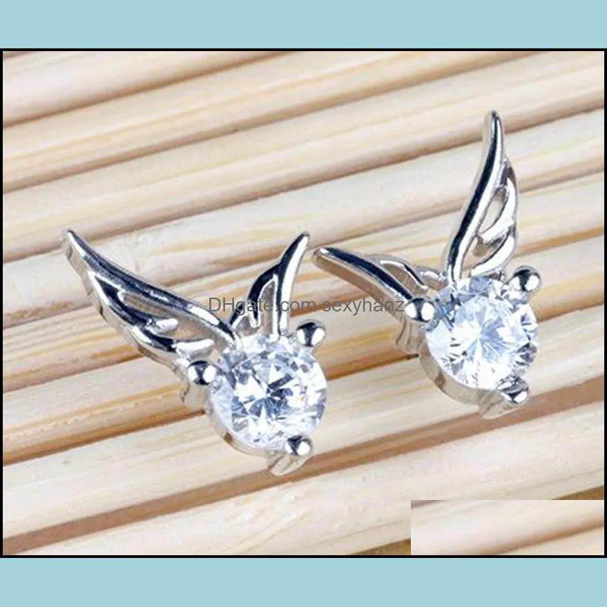 stud earrings wholesale fashion sterling silver zircon angel wing shaped ear studs earrings