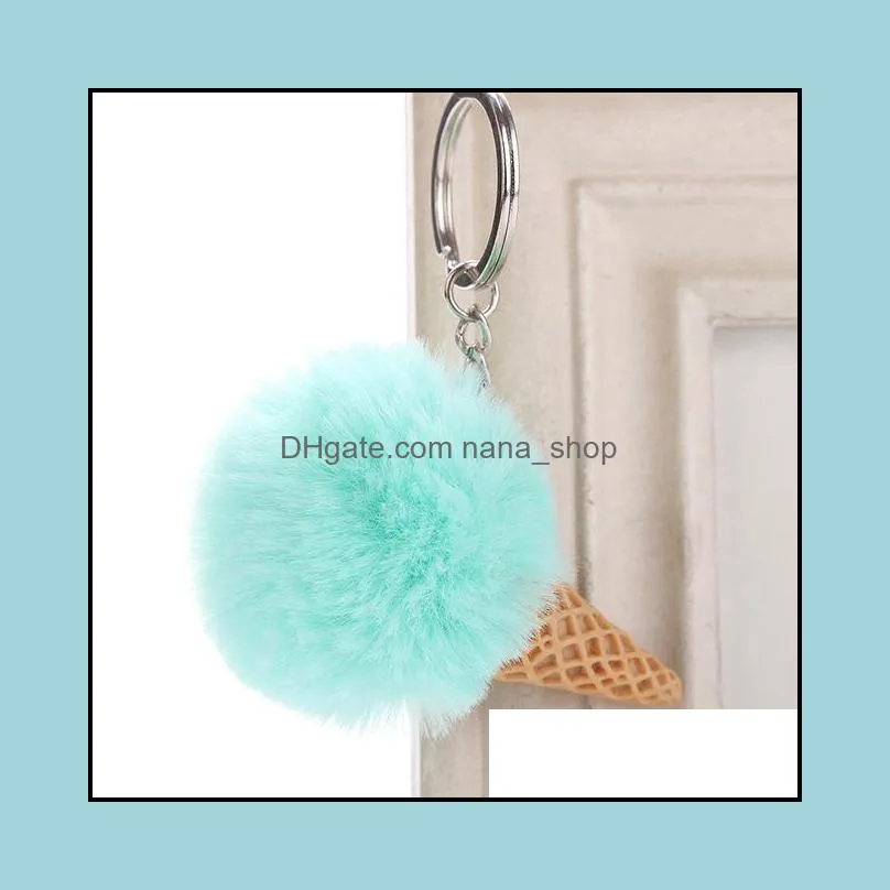 Ice Cream Keychain Soft Artificial Rex Rabbit Hair Ball Keyring Furry Pom Acrylic Key Ring Women Shoulder Bag Car Pendant Gift