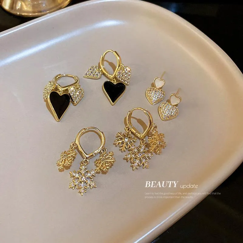 Hoop & Huggie Minar Romantic Bling CZ Zircon Snowflake Earrings For Women Multiple Black Color Love Heart Hanging Earring Wedding JewelryHoo