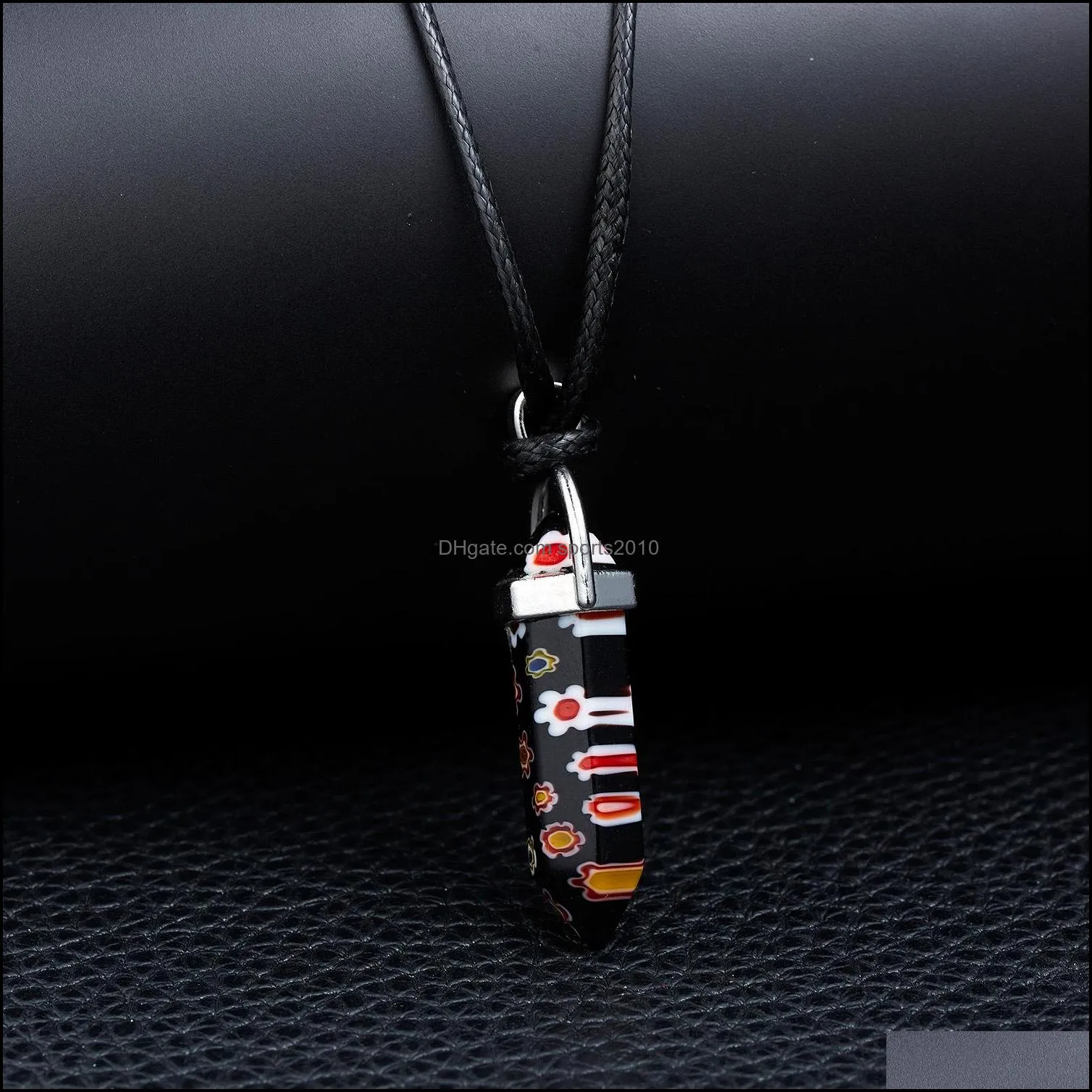 synthetic stone hexagonal prism pendant necklace amulet black rope chain necklaces for women men