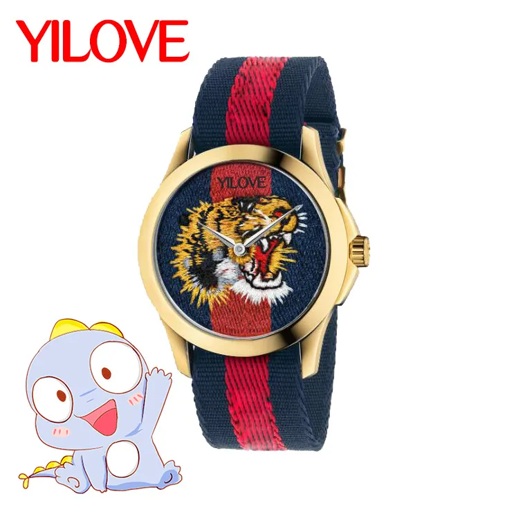 Двухцветный холщовый браслет Классические часы унисекс Кварцевый механизм 40 мм Простые модные часы Круглый 18-каратный золотой тигровый циферблат с вышивкой Наручные часы