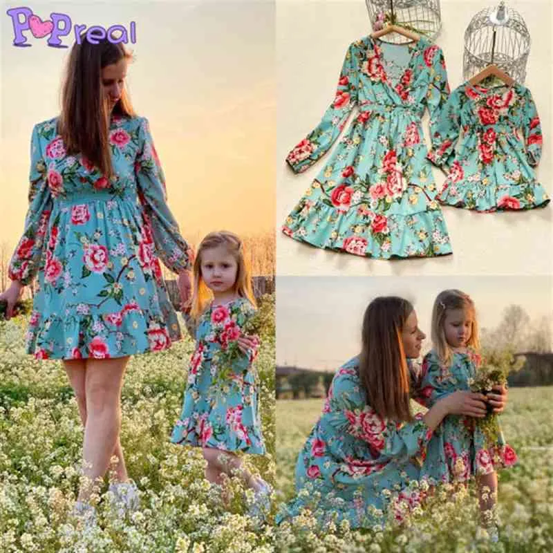 Popreal moda mãe e filha vestido flores impressão manga longa com decote em v vestido mãe crianças família combinando roupas família olhar