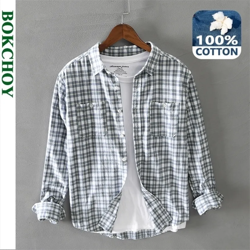 Camicie da uomo primavera autunno Camicia casual in cotone a maniche lunghe scozzese spessa Retro multi-tasca blu da lavoro GA-G208 220322