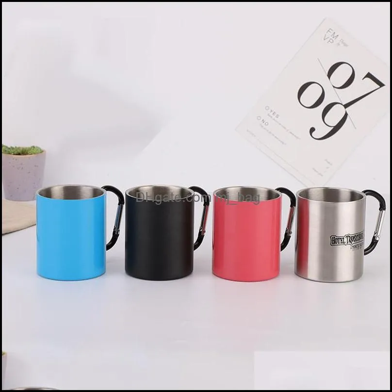 220ml stainless steel mug with foldable self-lock carabiner handle folding cup for outdoor camping hiking fhl258-zwl696
