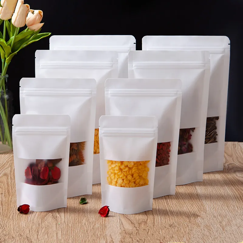 100 stks dik opstaand wit papier venster zip-lock zakken hersluitbare koekjes koffie poeder snack snoep gedroogd fruit noten thee granen geschenken opbergzakjes