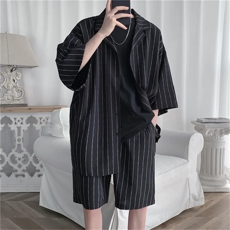 Summer Men Shorts Set Matching Shirts Letter Striped Lightweight Tracksuit Man Short Sleeve Elastic Waist Oversize Suit Clothing 220610