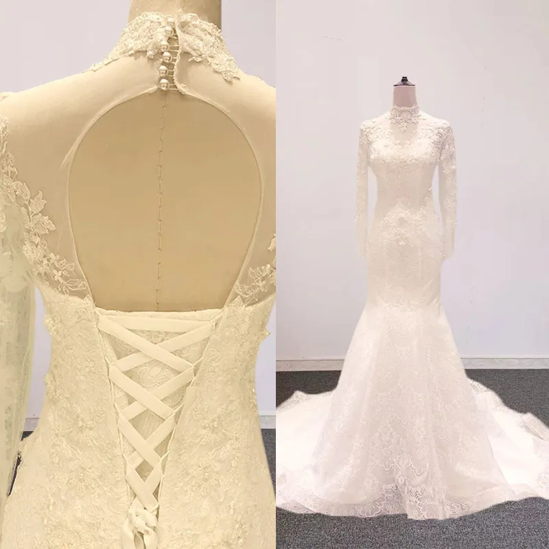 Image réelle col haut robe de mariée sirène dentelle perlée à manches longues robes de mariée tulle hors robe de mariée blanche