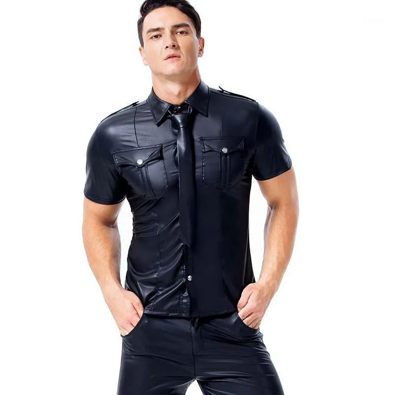 Leather Moto Black Shirts Men Sexy Wetlook Fitness Tops Gay Shirt Mens Stage Turn-downNeck Casual Clothes Club Wear Men's