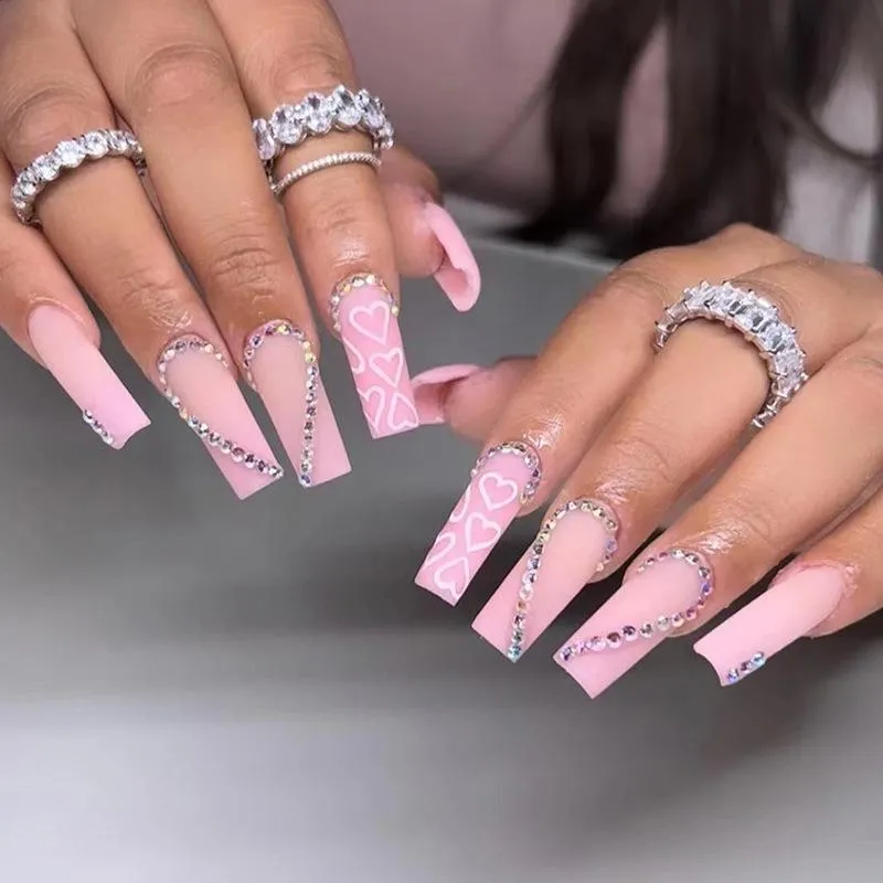 False Nails Press On Long Pink Heart Coffin Clear Rhinestones Design Ballerina Fake Manicure Full Cover Nail TipsFalse