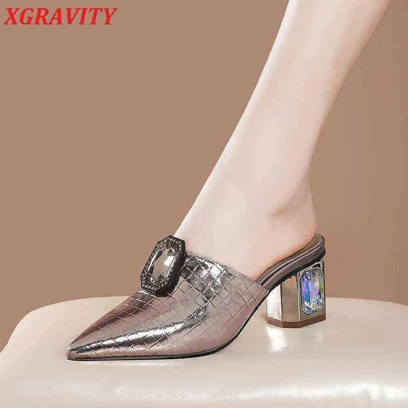 Elbise ayakkabıları xgravity 2022 yeni yaz bayan yakın ayak parmağı moda yüksek topuk takma kadın tıkanık sandal kristal 220718