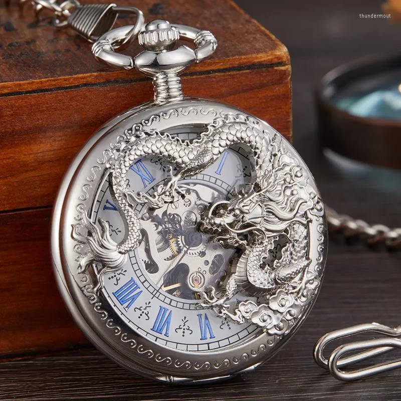 Pocket Watches Luxury Silver Mechanical Watch Dragon Laser Engraved Clock Animal Necklace Pendant Hand Winding Men Fob Chain Thun22