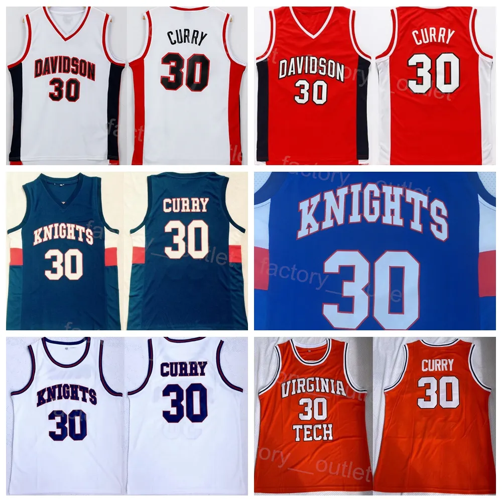 NCAA Koleji Davidson Wildcats Basketbol Stephen Curry Jersey 30 Lise Virginia Tech ve Knights Lacivert Kırmızı BeyazTuruncu Tamamı Dikişli İyi Kalite