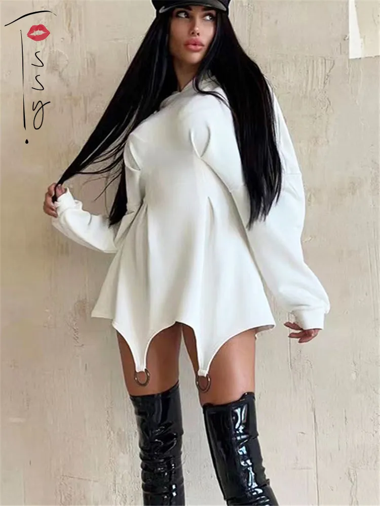 Tossy mode robe à capuche pour les femmes blanc taille Wrap moulante Mini robe printemps à manches longues sweat à capuche robes 220815