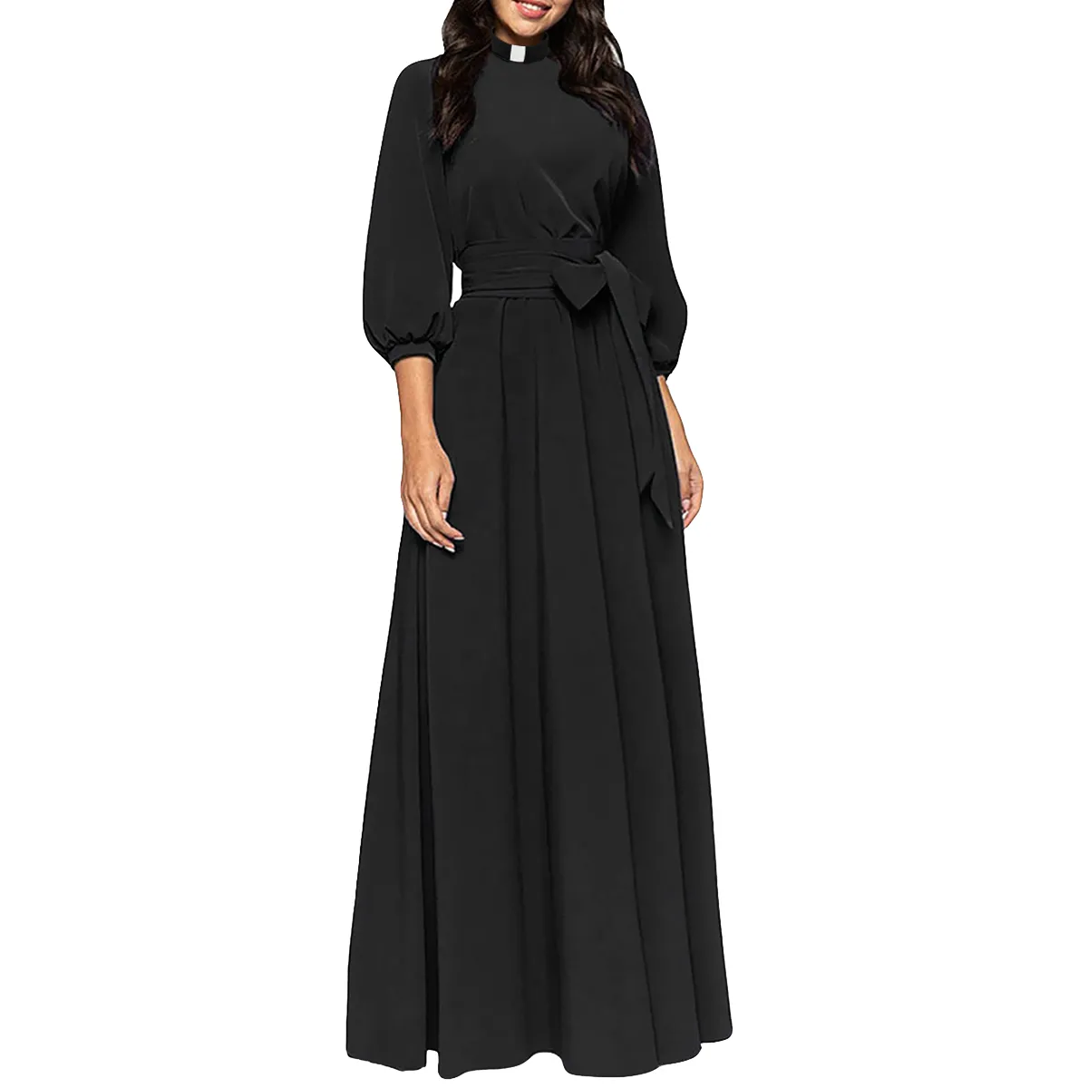 Church Dress for Women Pencil Bodycon Maxi Dress Elegant Priest Clergy Dresses with Tab Insert Collar