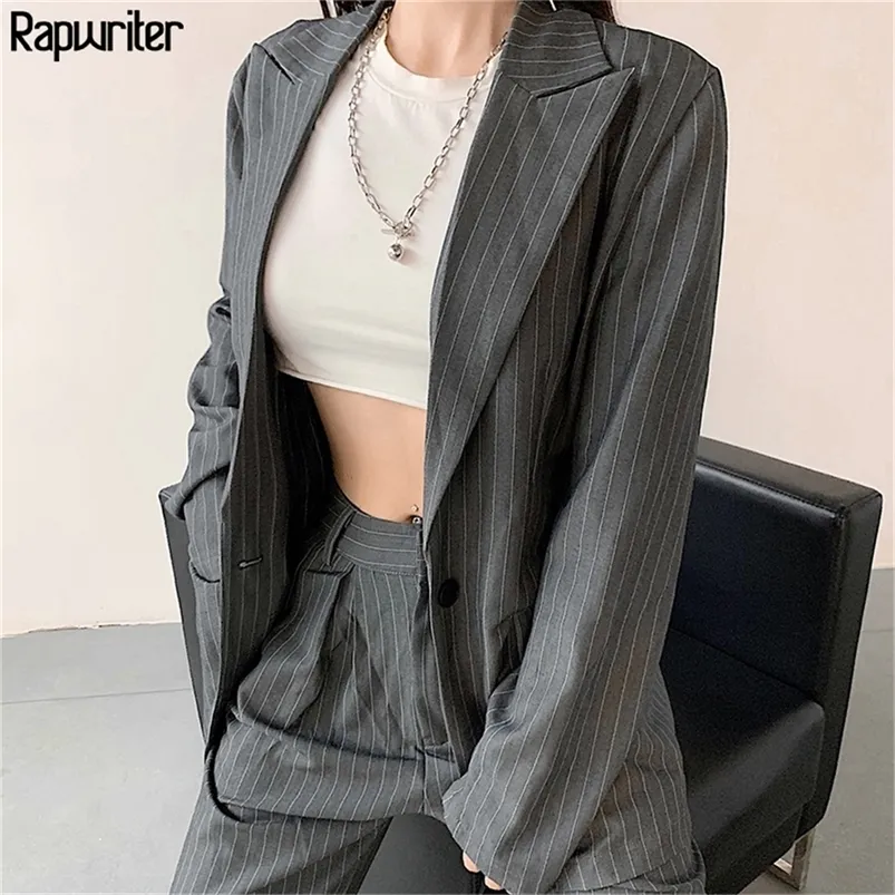 Rapwriter Streetwear Blazer rayé et droit taille haute costume pantalon deux pièces costume ensemble femmes tenues 2020 tendance vêtements femme LJ200907