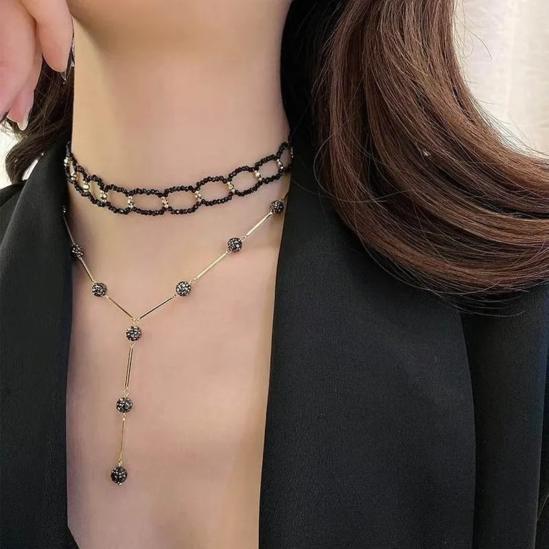 Pendant Necklaces Fashion Black Necklace Women Korean Simple Crystal Beaded Choker Long Temperament JewelryPendant