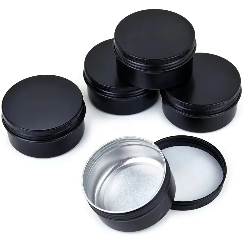 Empty Black Aluminum Tin Cans Refillable Bottle Jar Cosmetic Cream Lip Balm Containers Packaging with Screw Lids