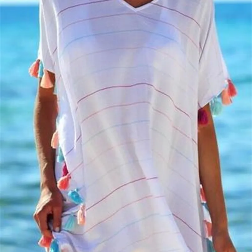 Kvinnor Tassel Dress Summer V Neck Ladies Blus Shirt Swimming Tops Striped Bikini Cover Up Swimwear Beach Salida DE 220524