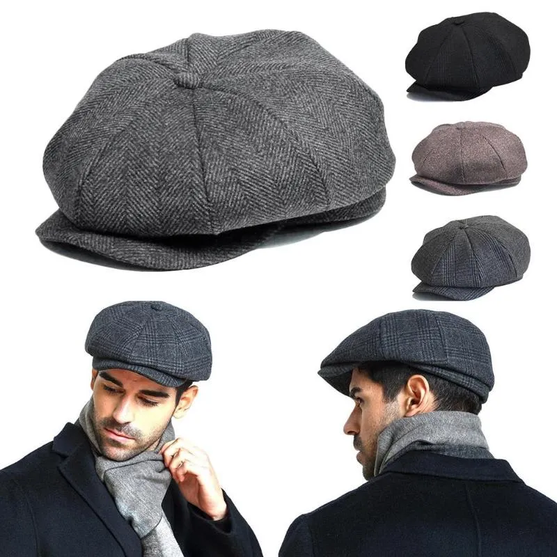 Berets Wool Tweed Sboy Cap Mens Vintage Black Gray Flat Peaked Street Hats Herringbone Gatsby Baker Boy HatBerets