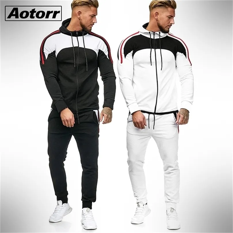 Męska kurtka z kapturem Pants Tracksuit Męski splot z długim rękawem Casual 2 -częściowy zestaw męski kieszeń zamek szczupły joggers Gym Suit 201210