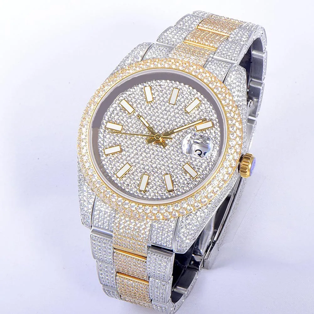 Mens 시계 자동 기계식 다이아몬드 시계 41mm Sahire Lady Wristwatch 다이아몬드 스터드 스틸 브레이슬릿 Montre De Luxe 855782 ES