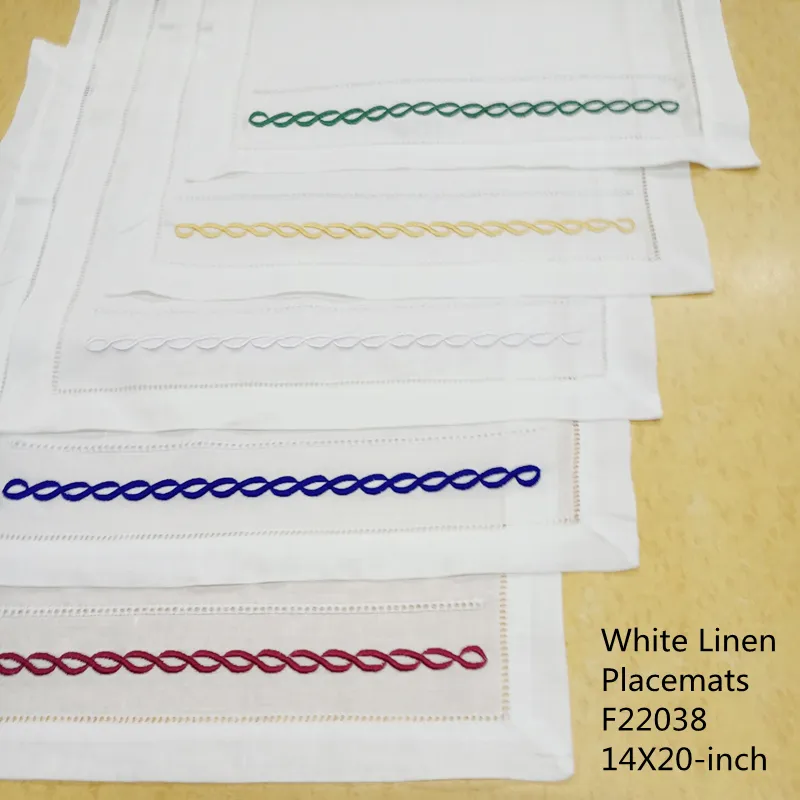12のホームガーデンホームテキスタイルテーブルの布14x20インチホワイトヘムスジテッチリネンプレースマットエレガントなランチやディナーのための刺繍ロープ
