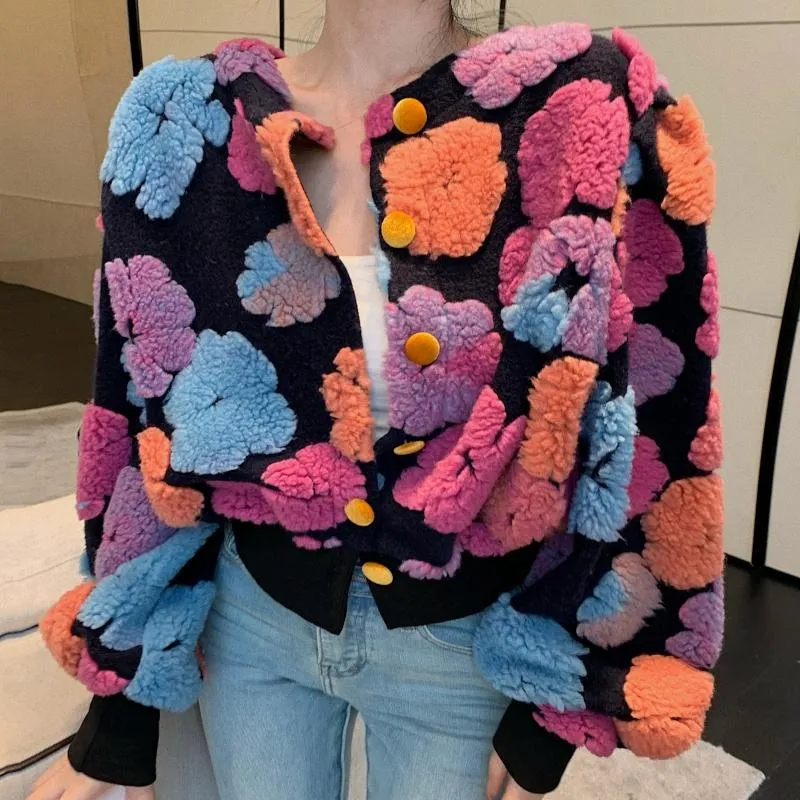 Cardigan con fiori vintage 3D Giacca corta da donna Cappotto a maniche lunghe coreano Autunno Inverno Elegante capospalla