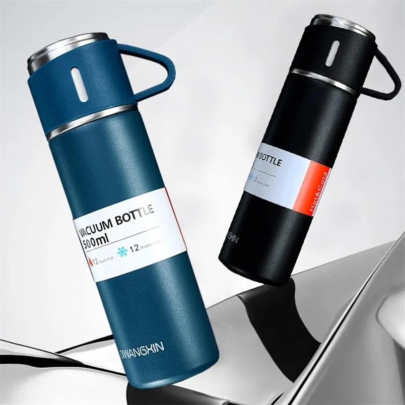 500ml Business Thermos with Portable Cover Double Wall Stainles Steel Water Keep &Cold Customize Bottle Gift 220706