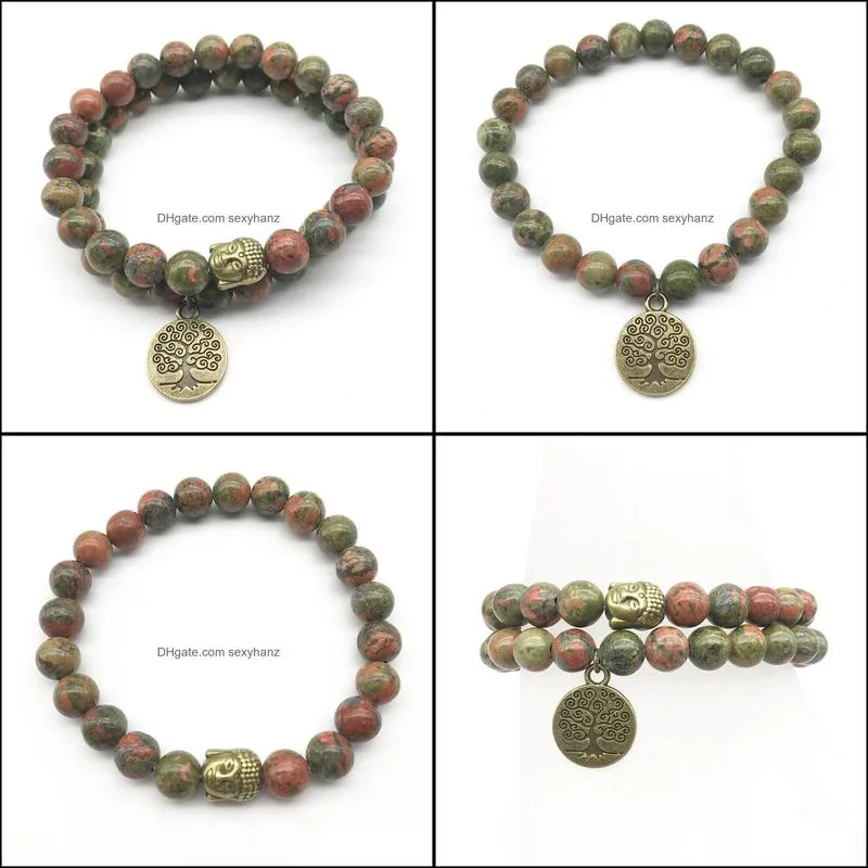 SN1275 Tree of Life Buddha Bronze Charm Bracelet Set Vintage Design Unakite Bracelet High Quality Natural Stone Jewelry