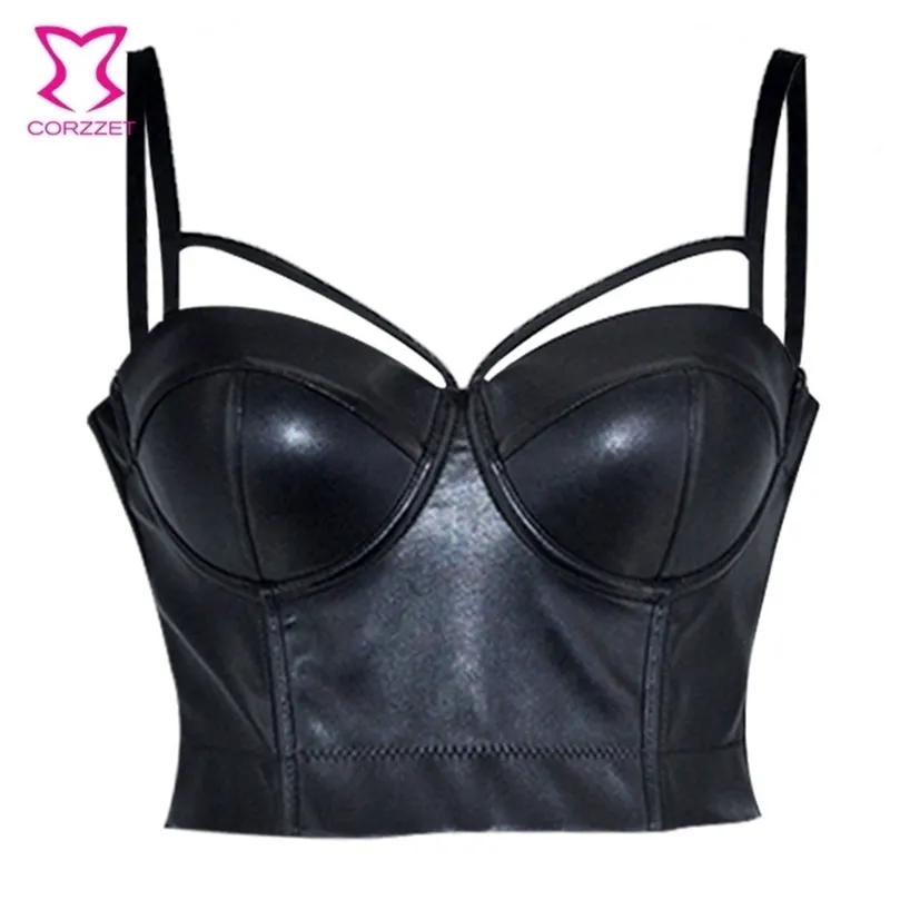 Corzzet Steampunk Femmes PU Bracelet En Cuir Push Up Bralet Gilet Gothique Bustier Soutien-Gorge Plus La Taille 6XL Dames Rock Punk Noir Top Court 210401