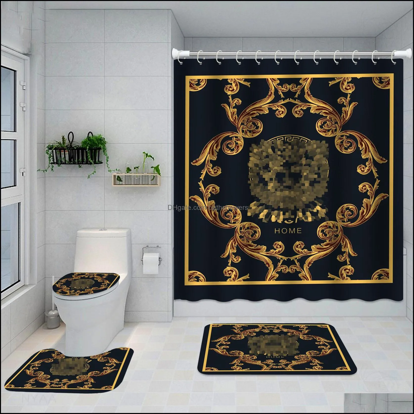 chic floral printed shower curtains full letters designer bathroom mats 4 piece set non slip toilet bath rugs